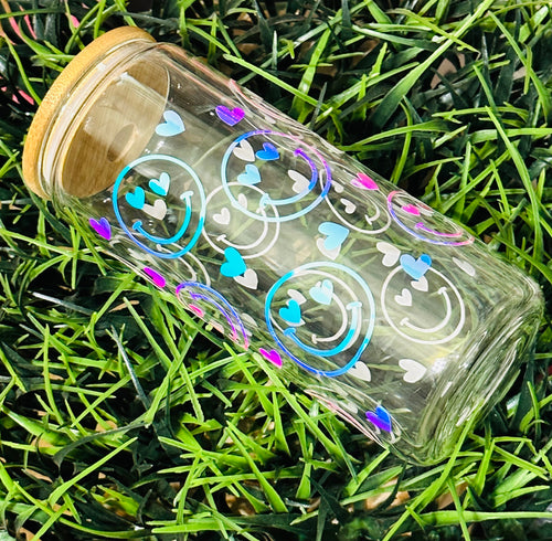 Smiley Face Glass | Beer Can Glass | Smiley Iced Coffee Glass | Iridescent Smiley Face Glass