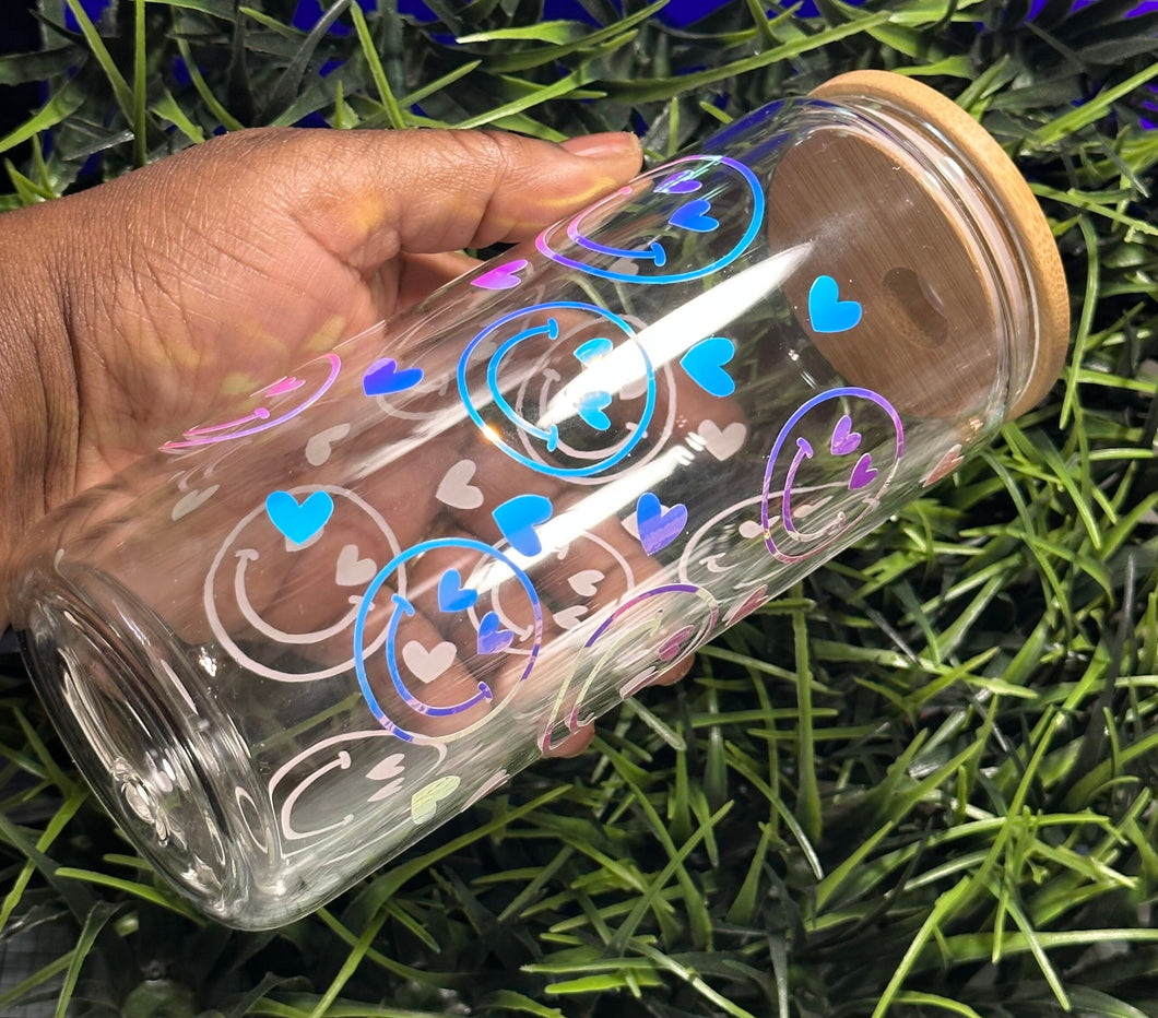 Smiley Face Glass | Beer Can Glass | Smiley Iced Coffee Glass | Iridescent Smiley Face Glass